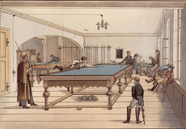Tuebingen students playing three-ball pocket billiards, possibly English billiards or something related to it; early 19th century