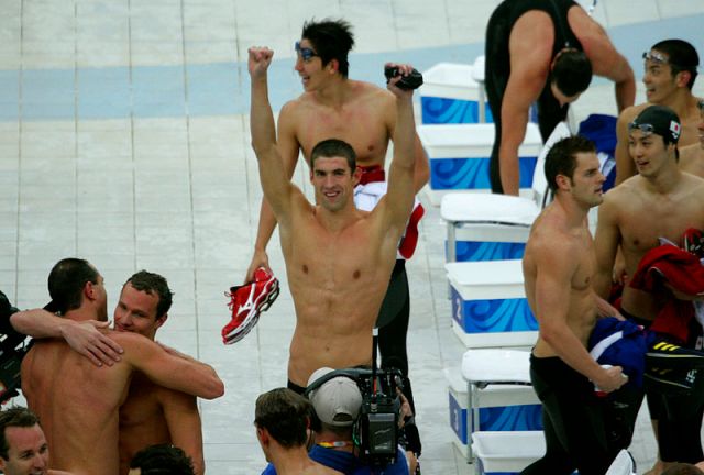 American swimmer Michael Phelps, along with his teammates, celebrates winning gold in the men’s 4 x 100-meter medley relay. It was amazing to witness.